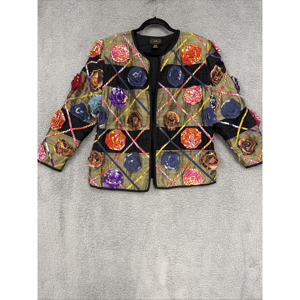 Allure‎ Multi-Color Blazer Womens PM Vintage 90s Floral Appliquè 100% Silk